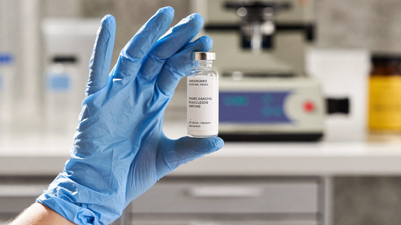 Gloved researcher holding a vial of lyophilized peptide powder beside an HPLC instrument in a laboratory