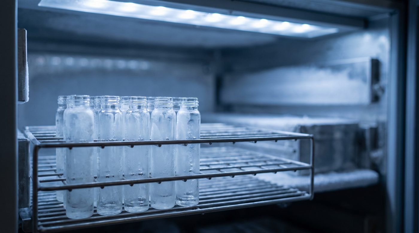 Glass vials resting in a laboratory freezer rack under cool blue light