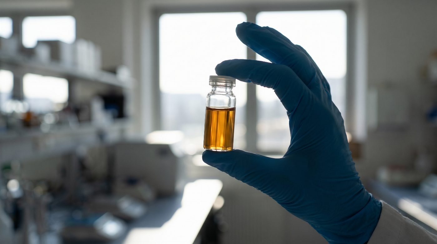 Gloved hand holding a small vial up to the light to inspect it in a laboratory