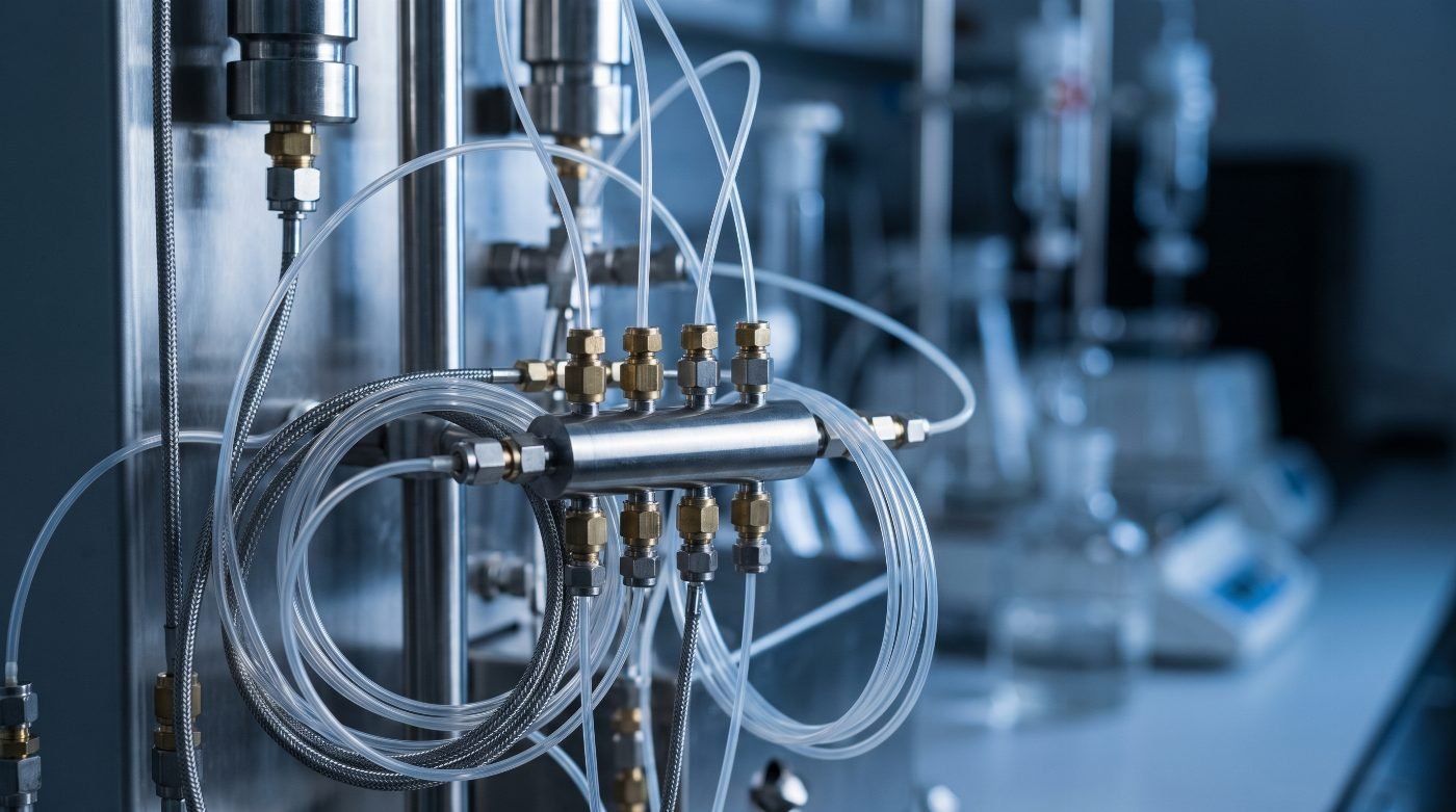 Stainless steel HPLC chromatography instrument with tubing and fittings in a laboratory