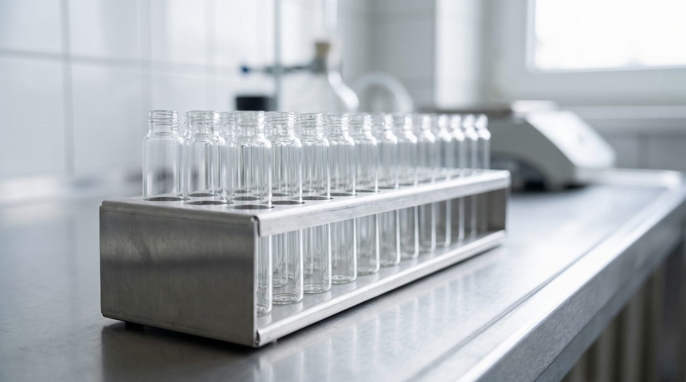 Gloved researcher drawing bacteriostatic water into a syringe next to a vial of lyophilized peptide on a lab bench