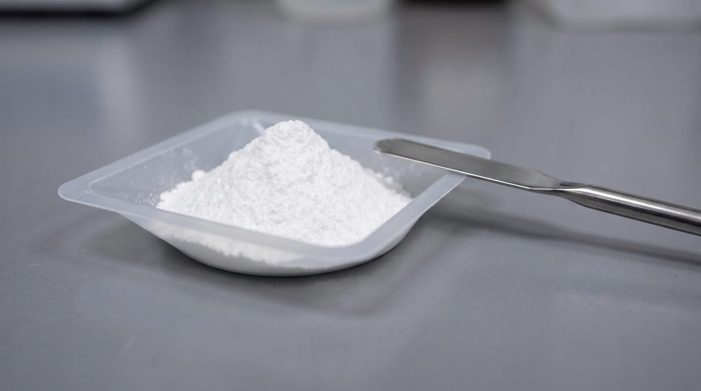 Fine white peptide powder on a laboratory weigh boat beside a spatula